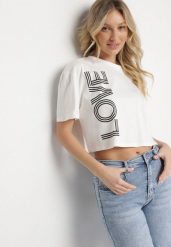 Biały Krótki Bawełniany T-shirt z Napisem Sannirra. Białe bluzki damskie Born2be, m, bez wzorów, z bawełny, klasyczne, bez kołnierzyka. Za 34.99 zł.