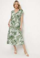 Zielona Rozkloszowana Sukienka we Florystyczny Print z Bawełny Lanioreta. Zielone sukienki damskie Born2be, l, bez wzorów, z bawełny, bez kołnierzyka, bez ramiączek, midi, rozkloszowane. Za 49.99 zł.