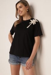 Czarny Bawełniany T-shirt z Ozdobną Aplikacją z Perełek i Cyrkonii Haidea. Czarne bluzki damskie Born2be, l, z aplikacjami, z bawełny, eleganckie, bez kołnierzyka, bez ramiączek. Za 49.99 zł.