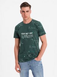 Męski t-shirt z nadrukiem i okrągłym dekoltem zielony V3 OM-TSFP-0187 M. Zielone t-shirty męskie Ombre, m, bez wzorów, bez kołnierzyka. Za 166.41 zł.