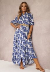 Niebieska Koszulowa Sukienka Maxi z Guzikami i Podpinanymi Rękawami Jaye. Niebieskie sukienki damskie Renee, l, bez wzorów, boho, bez kołnierzyka, bez ramiączek, maxi, koszulowe. Za 99.99 zł.