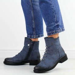 Niebieskie płaskie botki damskie Jezzi asa252-5. Niebieskie botki damskie Jezzi, na jesień, ze skóry, biznesowe, bez obcasa, na obcasie, bez zapięcia. Za 249.00 zł.