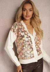 Beżowy Wzorzysty Kardigan w Serduszka z Dekoltem w Serek i Cekinami Ansilene. Brązowe kardigany damskie Renee, bez wzorów, z jeansu, eleganckie. Za 129.99 zł.