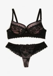 Czarno-Różowy Koronkowy Komplet Bielizny Biustonosz Usztywniony Push Up i Stringi Jasminesa. Czarne stringi damskie Renee, z aplikacjami, z koronki. Za 44.99 zł.
