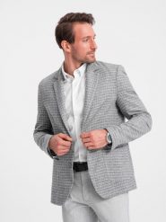 Marynarka męska w kratę z dodatkiem wełny - szara V1 OM-BLZB-0117 - XL. Szare marynarki męskie Ombre Clothing, bez wzorów, z materiału. W wyprzedaży za 169.99 zł.