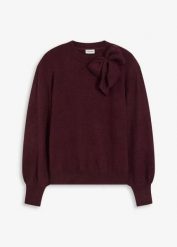 Sweter z aplikacją w kształcie kokardy. Czerwone swetry damskie bonprix, z aplikacjami, bez kołnierzyka, bez ramiączek, bez kaptura. Za 109.99 zł.
