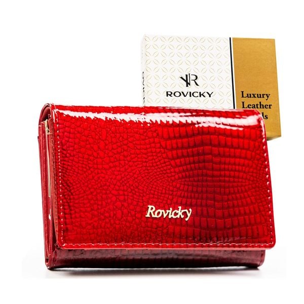 Średni, czerwony portfel damski ze skóry naturalnej zamykany zatrzaskiem - Rovicky. Czerwone portfele damskie ROVICKY, bez wzorów, z lakierowanej skóry. Za 94.99 zł.