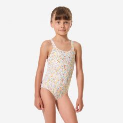 Strój jednoczęściowy pływacki dla dzieci Decathlon Vega Mimi. Brązowe stroje kąpielowe dla dziewczynek Decathlon, bez wzorów, z elastanu. Za 39.99 zł.