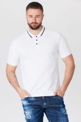 GUESS Biała koszulka polo z paskiem na kołnierzyku. Białe koszulki polo męskie Guess, m, z aplikacjami, prążkowane, bez ramiączek. W wyprzedaży za 229.99 zł.