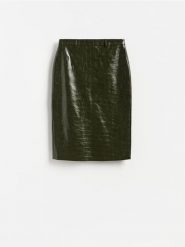 Spódnica midi z rozcięciem - oliwkowy. Zielone spódnice damskie Reserved, l, bez wzorów, ze skóry, midi, dopasowane. Za 179.99 zł.