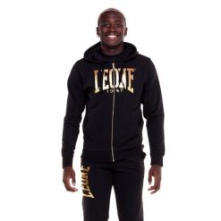 Męska bluza z kapturem i zamkiem błyskawicznym w kolorze złotym. Czarne bluzy sportowe męskie LEONE 1947 APPAREL, l, bez wzorów, z tkaniny, z kapturem, na fitness i siłownię. Za 309.00 zł.