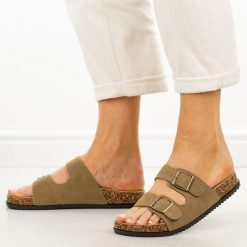Khaki skórzane klapki damskie Potocki 30310. Brązowe klapki damskie POTOCKI, bez wzorów, z jeansu, casualowe, bez obcasa, na płaskiej podeszwie. Za 149.00 zł.
