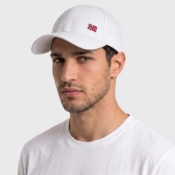 Czapka turystyczna z daszkiem Norway. Białe czapki i kapelusze męskie Aulp, na lato, z aplikacjami, z bawełny, eleganckie. Za 99.99 zł.