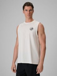 4F Koszulka bez rękawów relaxed z nadrukiem męska - kremowa S. Białe t-shirty męskie 4f, m, bez wzorów, z bawełny, bez kołnierzyka. W wyprzedaży za 39.99 zł.