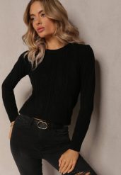 Czarny Dzianinowy Sweter w Warkoczykowy Splot Falles. Czarne swetry damskie Renee, m, z aplikacjami, z dzianiny, casualowe, bez kołnierzyka, bez ramiączek, długie, bez kaptura. Za 69.99 zł.