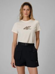 T-shirt regular z nadrukiem damski 4F 4FRSS26TTSHF4422. Białe t-shirty damskie 4f, uniwersalny, bez wzorów, z bawełny, klasyczne, bez kołnierzyka. Za 57.99 zł.