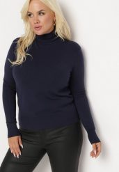 Granatowy Sweter z Golfem Sazerna. Niebieskie swetry damskie Born2be, l, bez wzorów, z dzianiny, bez kołnierzyka, bez ramiączek, długie, bez kaptura. Za 59.99 zł.
