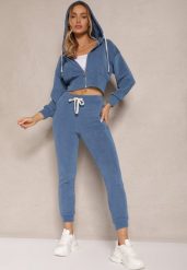 Niebieski Komplet Dresowy z Bawełny Bluza z Kapturem i Spodnie Slim Inerisa. Niebieskie bluzy damskie Renee, xl, z aplikacjami, z bawełny, z kapturem. Za 69.99 zł.