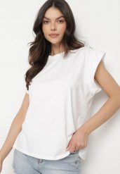 Biały Bawełniany Top z Falbanką przy Ramionach Galantia. Białe bluzki damskie Born2be, s, bez wzorów, z bawełny, eleganckie, bez kołnierzyka, bez ramiączek. Za 59.99 zł.