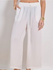 Spodnie wide leg z wiązaniem - kremowy. Białe spodnie materiałowe damskie Sinsay, l, bez wzorów. Za 39.99 zł.