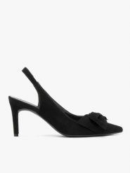 Welurowe czółenka typu slingback z kokardą. Czarne czółenka damskie Brawo sp. z o.o., bez wzorów, z gumy, bez obcasa, na szpilce, bez zapięcia. Za 379.99 zł.