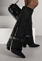 Czarne Kozaki Kowbojki na Słupku Ozdobione Klamrą i Wywiniętą Cholewką Unalasa. Czarne kozaki damskie Renee, z jeansu, bez obcasa, na obcasie. Za 189.99 zł.