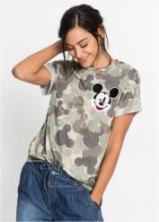 T-shirt z motywem Myszki Miki. Zielone t-shirty damskie bonprix, z aplikacjami, z wiskozy, bez kołnierzyka. Za 119.99 zł.