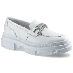 Półbuty damskie Karino, naturalna skóra licowa w białym kolorze z ozdobnym łańcuchem na podbiciu oraz masywną podeszwą o wyraźnym profilu, białe, 389. Białe półbuty damskie Karino, bez wzorów, ze skóry, eleganckie, bez obcasa, bez zapięcia. Za 255.00 zł.