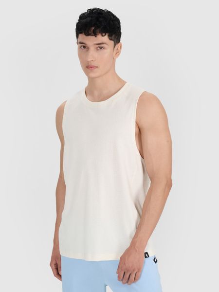 4F Tank top oversize męski - biały XL. Białe koszulki sportowe męskie 4f, m, bez wzorów, z bawełny, bez kołnierzyka, bez ramiączek, do koszykówki. Za 49.99 zł.