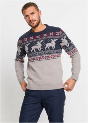 Sweter w norweski wzór. Szare swetry przez głowę męskie bonprix, l, z aplikacjami, bez kołnierzyka. Za 124.99 zł.