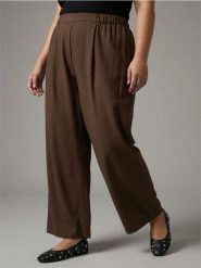 Spodnie wide leg z domieszką lnu Plus size - brązowy. Brązowe spodnie materiałowe damskie Sinsay, l, bez wzorów. Za 49.99 zł.