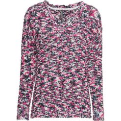 Sweter ze ściegiem popcorn bonprix ciemnoniebiesko-różowy wzorzysty. Niebieskie swetry damskie bonprix, bez wzorów, bez kołnierzyka, bez ramiączek, bez kaptura. Za 69.99 zł.