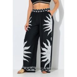 Damskie Spodnie palazzo słońca szeroka nogawka elastyczny pas. Czarne spodnie sportowe damskie Ulla Popken, plus size, bez wzorów, z materiału. Za 239.99 zł.