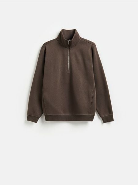 Bluza ze stójką - ciemnozielony. Zielone bluzy męskie Reserved, l, bez wzorów, z bawełny, bez kaptura. Za 129.99 zł.