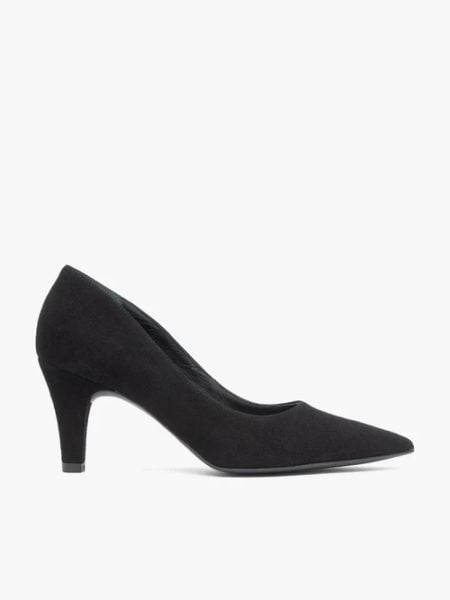 Czarne czółenka na szpilce. Czarne czółenka damskie Ryłko, bez wzorów, z gumy, eleganckie, bez obcasa, na szpilce, bez zapięcia. Za 349.99 zł.