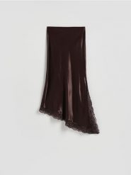 Asymetryczna spódnica z koronką - brązowy. Brązowe spódnice damskie Reserved, l, bez wzorów, z koronki, asymetryczne. Za 129.99 zł.
