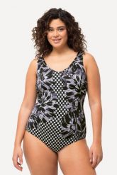 Damski Kostium kąpielowy nadruk patchworkowy bez miękkich miseczek. Czarne kostiumy jednoczęściowe damskie Ulla Popken, plus size, bez wzorów, z elastanu, sportowe, plus size, do pływania. Za 199.99 zł.