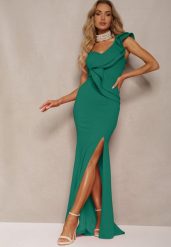 Zielona Elegancka Asymetryczna Sukienka z Falbanką i Rozcięciem na Nogę Adnelia. Zielone sukienki damskie Renee, m, bez wzorów, z dzianiny, eleganckie, z asymetrycznym kołnierzem, bez ramiączek, maxi, asymetryczne. Za 149.99 zł.