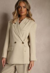 Jasnobeżowa Pudełkowa Marynarka Oversize o Dwurzędowym Fasonie z Dodatkowym Guzikiem Pasmira. Brązowe żakiety damskie Renee, m, z aplikacjami, z jeansu, eleganckie. Za 219.99 zł.