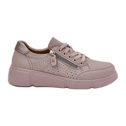 Skórzane Buty Sportowe Sneakersy Na Platformie Z Zamkiem Vinceza 88019 Ciemnobeżowe beżowy. Brązowe obuwie sportowe damskie bez wzorów, ze skóry. Za 266.87 zł.