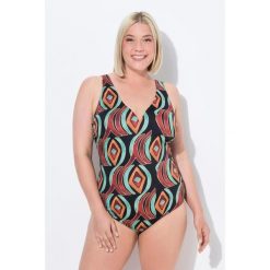 Damski Strój kąpielowy graficzny nadruk miękkie miseczki z recyklingu. Czarne kostiumy jednoczęściowe damskie Ulla Popken, l, bez wzorów, z elastanu, sportowe, plus size, do pływania. Za 244.99 zł.