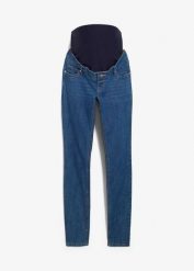 Dżinsy ciążowe skinny z bawełną organiczną. Niebieskie jeansy damskie bonprix, moda ciążowa. Za 149.99 zł.