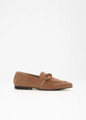 Loafersy ze skóry welurowej. Brązowe baleriny damskie bonprix, bez wzorów, ze skóry, bez obcasa. Za 239.99 zł.