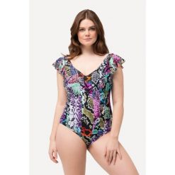 Damski Kostium kąpielowy mieszanka wzorów miękkie miseczki rękaw motylek. Czarne kostiumy jednoczęściowe damskie Ulla Popken, plus size, bez wzorów, z elastanu, sportowe, plus size, do pływania. Za 244.99 zł.