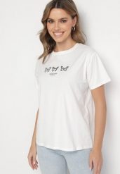 Biała Bluzka Bawełniana Oversize z Krótkim Rękawem i Aplikacją z Motylami Lornil. Białe bluzki damskie Born2be, m, z aplikacjami, z bawełny, eleganckie, bez kołnierzyka, bez ramiączek. Za 29.99 zł.