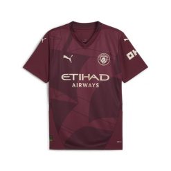Męska trzecia koszulka Manchester City 24/25 PUMA Dark Jasper Red. Czerwone koszulki sportowe męskie Puma, m, bez wzorów, bez kołnierzyka, bez ramiączek, do piłki nożnej. W wyprzedaży za 296.92 zł.