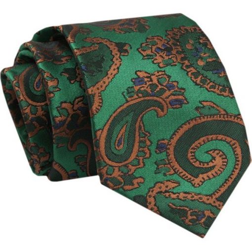 Krawat - ALTIES - Brązowe, Duże Paisley, Tło Zielone. Zielone krawaty i muchy Alties, bez wzorów, z tkaniny, eleganckie. Za 55.00 zł.