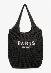 Czarna Torebka Shopper z Plecionką i Napisami Navessa. Czarne torebki shopper damskie Born2be, bez wzorów, klasyczne, bez dodatków. Za 99.99 zł.
