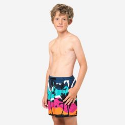 Spodenki surfingowe dla dzieci Olaian BS 100 Venice Sunset. Niebieskie kąpielówki dla chłopców OLAIAN, bez wzorów, z materiału, krótkie. Za 39.99 zł.