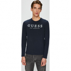 Guess Jeans - Longsleeve. Czarne bluzki z długim rękawem męskie Guess Jeans, z aplikacjami, z bawełny, z okrągłym kołnierzem. W wyprzedaży za 99.90 zł.